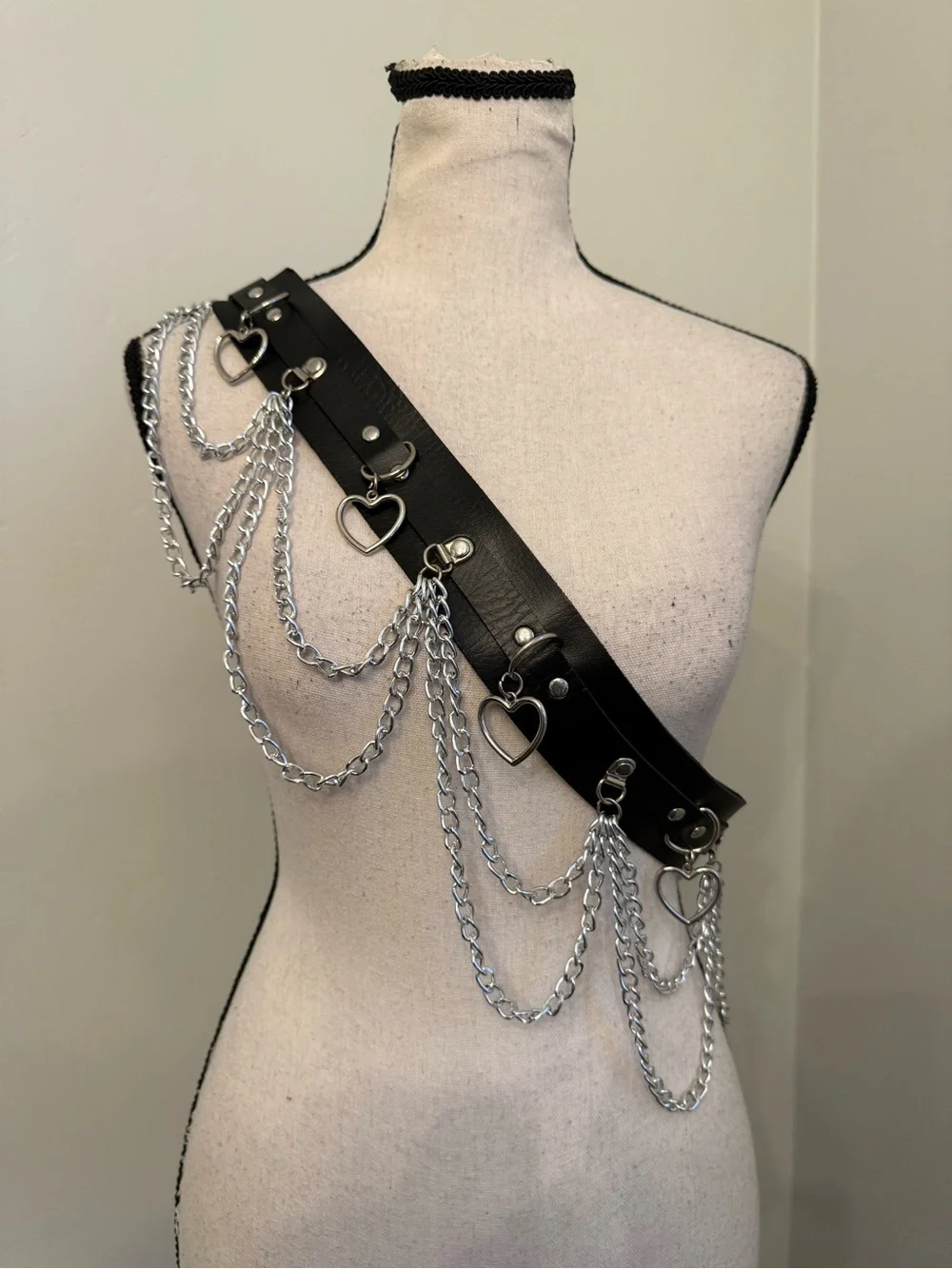 Y2K Black Faux Leather Chain Harness Belt Heart Charm Punk Goth Festival